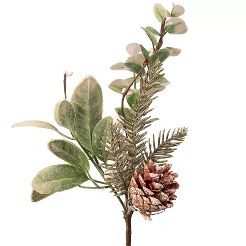Zimná vetva s borovicou, listami, bobuľami a šiškou, výška 34 cm