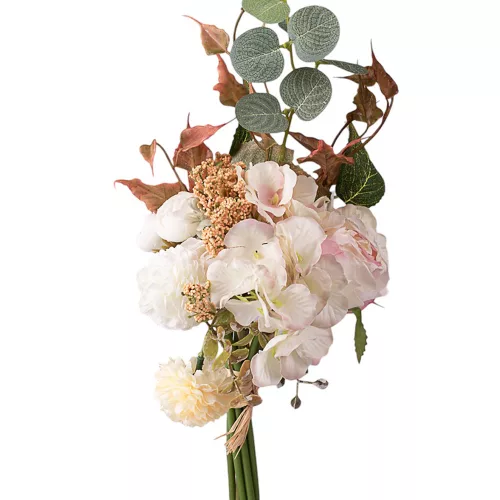 Hodvábna kytica s ružou, hortenziou a eukalyptom, výška 39 cm - Púdrová