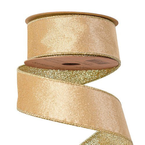 Zlatá zamatová stuha s lesklou zadnou stranou a drôtovým lemom 38mm x 5m  