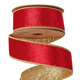   Červená zamatová stuha s lesklou zadnou stranou a drôtovým lemom 38mm x 5m  