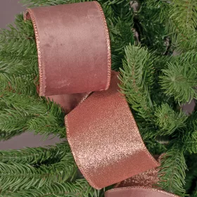   Rose gold zamatová stuha s lesklou zadnou stranou a drôtovým lemom 63mm x 5m  