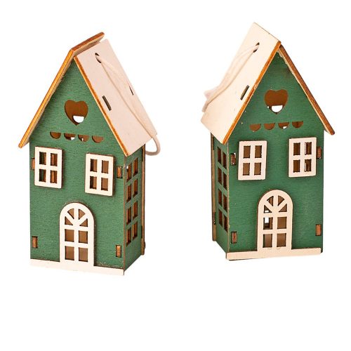 3D drevený domček sada, 4 x 3 x 7,5cm, na kreatívne využitie alebo na vianočný stromček - Zelená