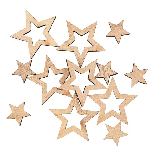 Vianočná dekoračná sada, drevené hviezdy, 2-4 cm, 12 ks - Prírodné