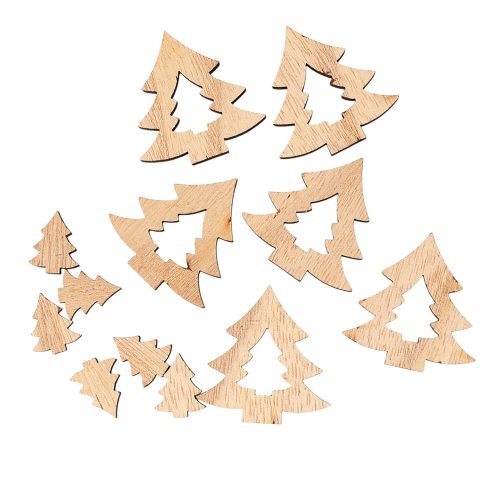 Vianočná dekoračná sada, drevené stromčeky, 2-4 cm, 12 ks - Prírodné