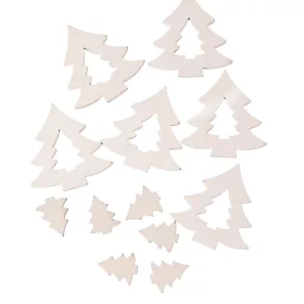   Vianočná dekoračná sada, drevené stromčeky, 2-4 cm, 12 ks - Biele