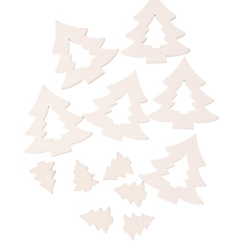 Vianočná dekoračná sada, drevené stromčeky, 2-4 cm, 12 ks - Biele