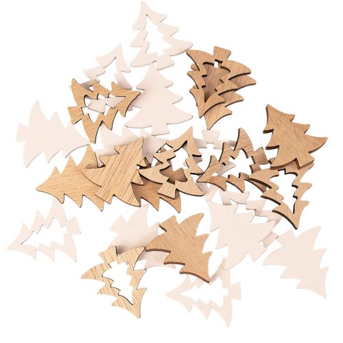 Vianočná dekoračná sada, drevené stromčeky, 3 x 3,5 cm, 24 ks - Prírodné/Biele mix