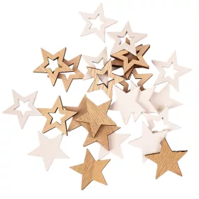  Vianočná dekoračná sada, drevené hviezdy, 3,5 cm, 24 ks - Prírodné/Biele mix
