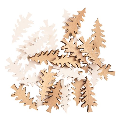 Vianočná dekoračná sada, drevené stromčeky, 4,5 x 2 cm, 24 ks - Prírodné/Biele mix