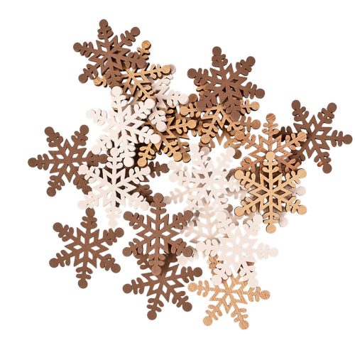Vianočná dekoračná sada, drevené snehové vločky, 4 cm, 24 ks - Hnedá/Biela mix