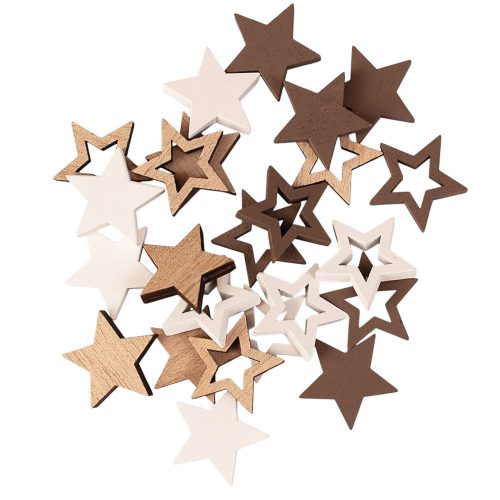 Vianočná dekoračná sada, drevené hviezdy, 2,5 cm, 24 ks - Hnedá/Biela mix