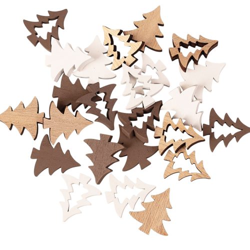 Vianočná dekoračná sada, drevené stromčeky, 2,5 cm, 24 ks - Hnedá/Biela mix