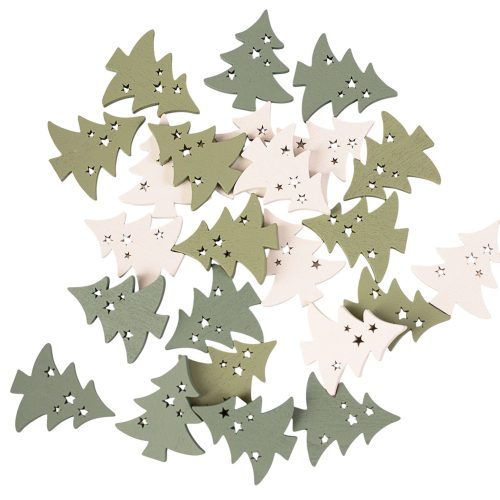 Vianočná dekoračná sada, drevené stromčeky, 3,5 x 3 cm, 24 ks - Zelená/Biela mix
