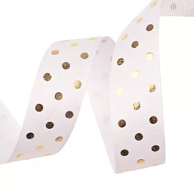 Rypsová stuha so zlatými bodkami 25mm x 20m - Biela