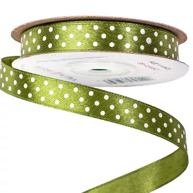   Saténová stuha s bielymi bodkami 12mm x 20m - Olivová zelená