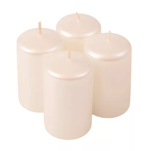 Adventná sada valcových sviečok, 7 x 4cm - Metalická perleťová biela