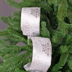   Lesklá saténová vianočná stuha s vločkami 64mm x 6.4m - Biela  