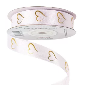 Saténová stuha so zlatými srdiečkami 16mm x 20m - Biela
