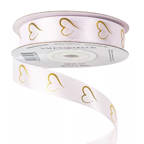 Saténová stuha so zlatými srdiečkami 16mm x 20m - Biela