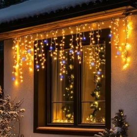   LED trblietavý cencúľový svetelný záves, 5 + 5m, vonkajší, 300 DOT LED (studené biele blikajúce medzi teplými bielymi)