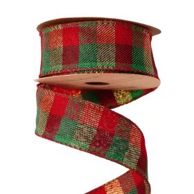   Károvaná vianočná stuha s drôtovým lemom 38mm x 10m - Červená/Zlatá/Zelená  
