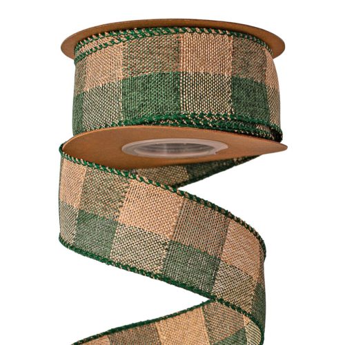 Károvaná ľanová stuha s drôtovým lemom 40mm x 10m - Zelená/Ecru  
