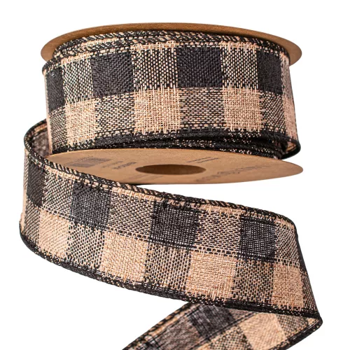 Károvaná ľanová stuha s drôtovým lemom 40mm x 10m - Čierna/Ecru  
