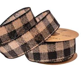   Károvaná ľanová stuha s drôtovým lemom 40mm x 10m - Čierna/Ecru  