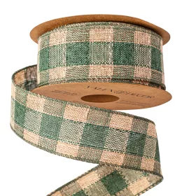   Károvaná ľanová stuha s drôtovým lemom 40mm x 10m - Zelená/Ecru  