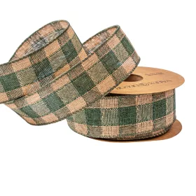   Károvaná ľanová stuha s drôtovým lemom 40mm x 10m - Zelená/Ecru  