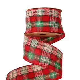   Károvaná vianočná stuha s drôtovým lemom 63mm x 10m - Krémová/Čierna  