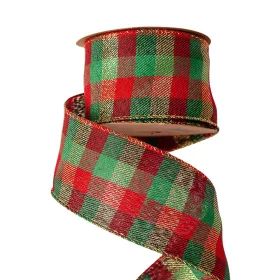   Károvaná vianočná stuha s drôtovým lemom 63mm x 10m - Červená/Zlatá/Zelená  