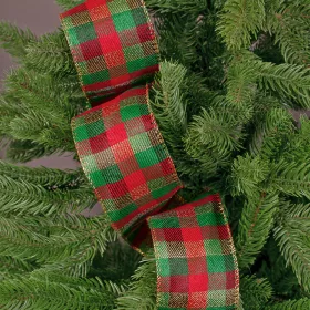   Károvaná vianočná stuha s drôtovým lemom 63mm x 10m - Červená/Zlatá/Zelená  