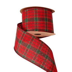   Károvaná vianočná stuha s drôtovým lemom 63mm x 10m - Červená/Zlatá/Tmavozelená  