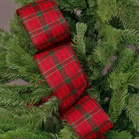   Károvaná vianočná stuha s drôtovým lemom 63mm x 10m - Červená/Zlatá/Tmavozelená  