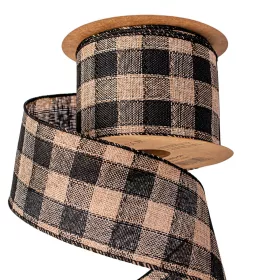   Károvaná ľanová stuha s drôtovým lemom 63mm x 10m - Čierna/Ecru  