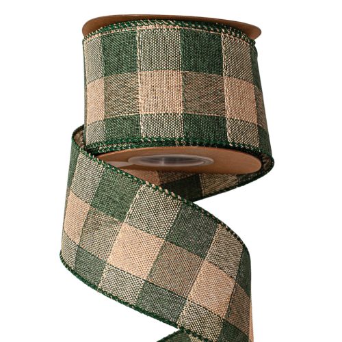 Károvaná ľanová stuha s drôtovým lemom 63mm x 10m - Zelená/Ecru  