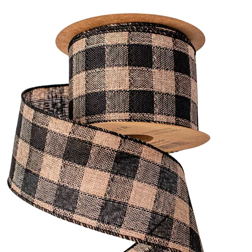 Károvaná ľanová stuha s drôtovým lemom 63mm x 10m - Čierna/Ecru  