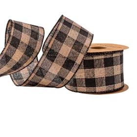   Károvaná ľanová stuha s drôtovým lemom 63mm x 10m - Čierna/Ecru  