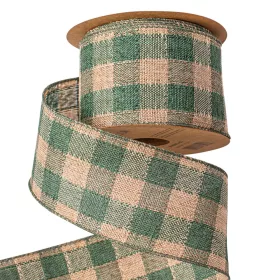   Károvaná ľanová stuha s drôtovým lemom 63mm x 10m - Zelená/Ecru  