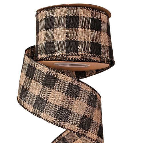 Károvaná ľanová stuha s drôtovým lemom 63mm x 10m - Čierna/Ecru  