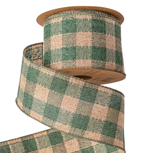 Károvaná ľanová stuha s drôtovým lemom 63mm x 10m - Zelená/Ecru  