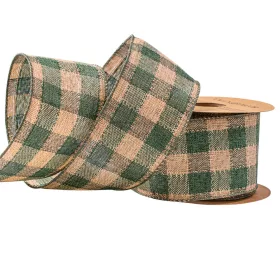   Károvaná ľanová stuha s drôtovým lemom 63mm x 10m - Zelená/Ecru  