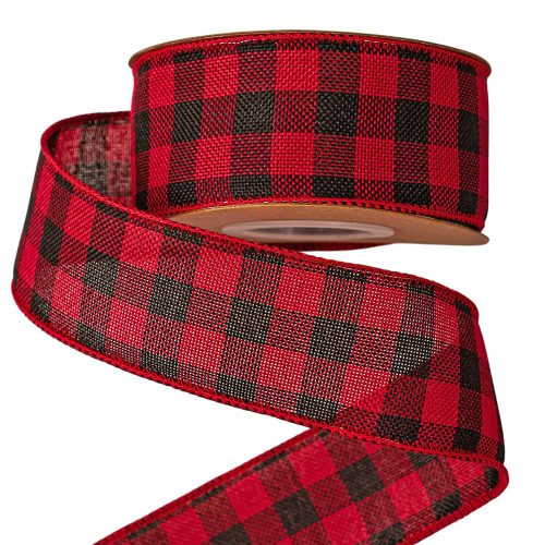 Károvaná stuha s drôtovým lemom 45mm x 10m - Červená/Čierna  