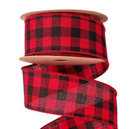 Károvaná stuha s drôtovým lemom 45mm x 10m - Červená/Čierna  