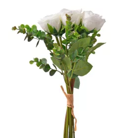 Hodvábna kytica ruží s eukalyptom, 36cm vysoká - Biela