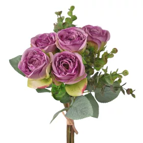   Hodvábna kytica ruží s eukalyptom, 36cm vysoká - Fialová