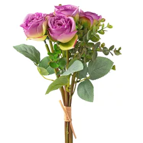   Hodvábna kytica ruží s eukalyptom, 36cm vysoká - Fialová