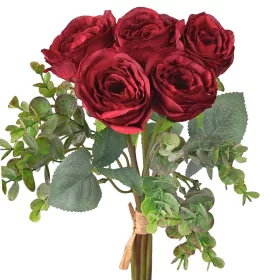   Hodvábna kytica ruží s eukalyptom, 36cm vysoká - Bordová