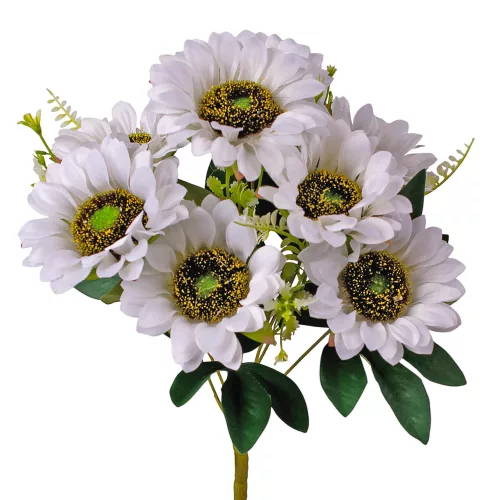 Kytica hodvábnych kvetov Slnečnica, 9 hláv, výška 40cm, priemer hlavy kvetu: 8cm - Biela